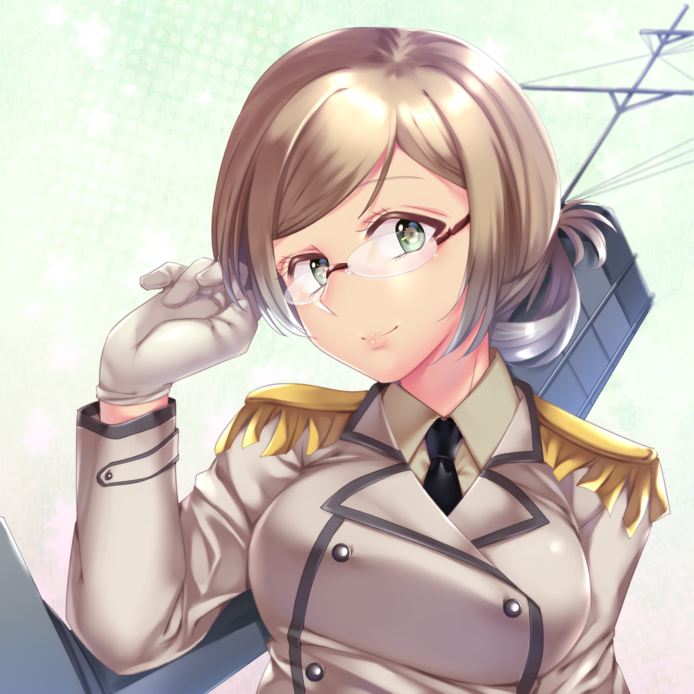 1girl, breasts, brown_hair, buttons, darkmiso, double-breasted, epaulettes, eyebrows_behind_hair