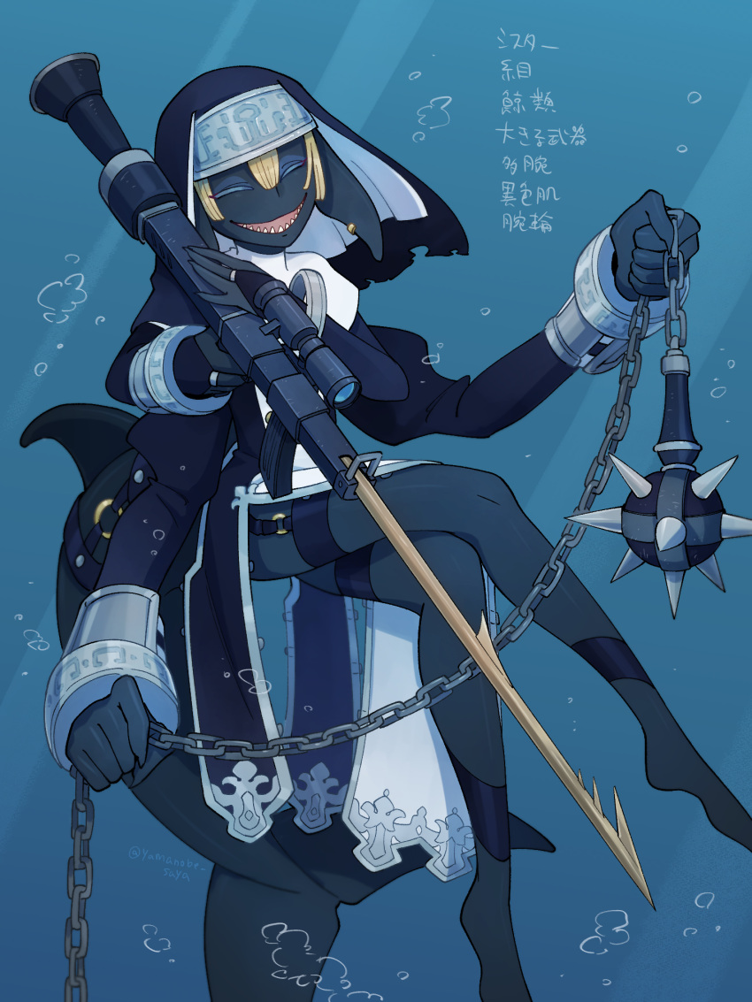 1girl, ball_and_chain_(weapon), bangle, blonde_hair, blue_background, blue_skin, bracelet, bracer