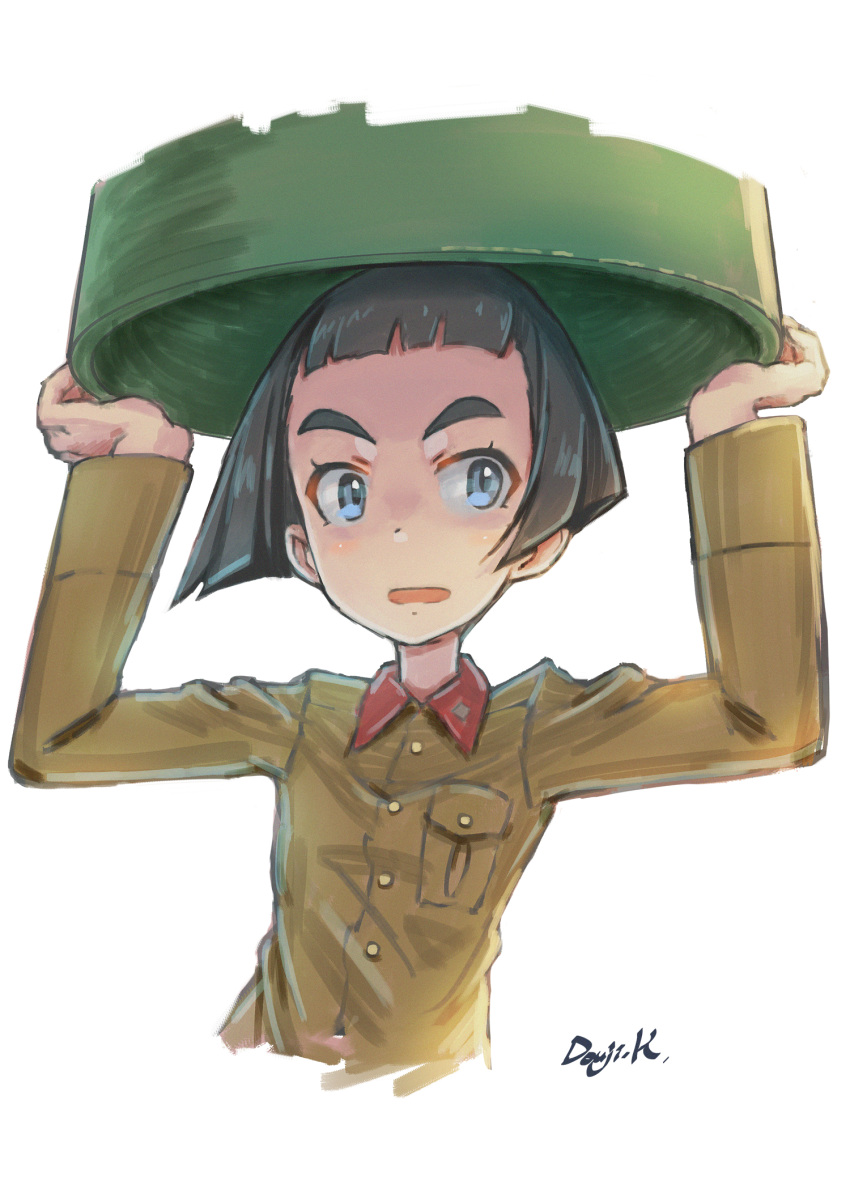 1girl, arms_up, artist_name, bangs, black_eyes, black_hair, blunt_bangs, blunt_ends