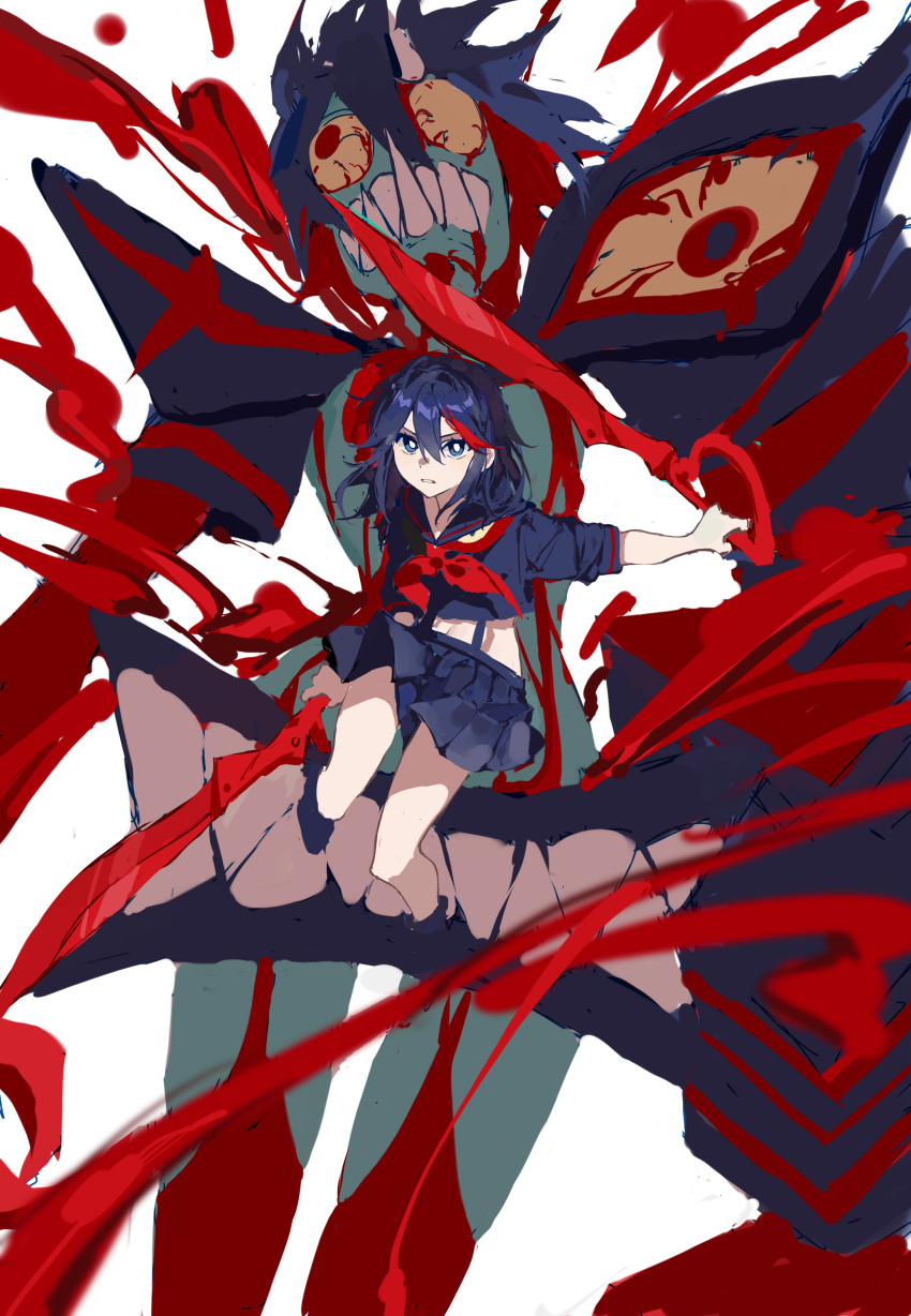 1girl, absurdres, blood, blue_eyes, blue_hair, blue_serafuku, blue_skirt, bright_pupils, closed_mouth, colored_sclera, colored_skin, dark_persona, dual_wielding, fangs, fangs_out, green_skin, grey_background, hair_between_eyes, highres, holding, holding_sword, holding_weapon, kill_la_kill, linglingzhong3, matoi_ryuuko, matoi_ryuuko_(berserk_mode), medium_hair, multicolored_hair, parted_lips, red_eyes, red_legwear, redhead, reverse_grip, school_uniform, scissor_blade, senketsu, serafuku, sharp_teeth, simple_background, skirt, solo, streaked_hair, sword, teeth, two-tone_hair, uniform, veins, weapon, white_pupils, yellow_sclera
