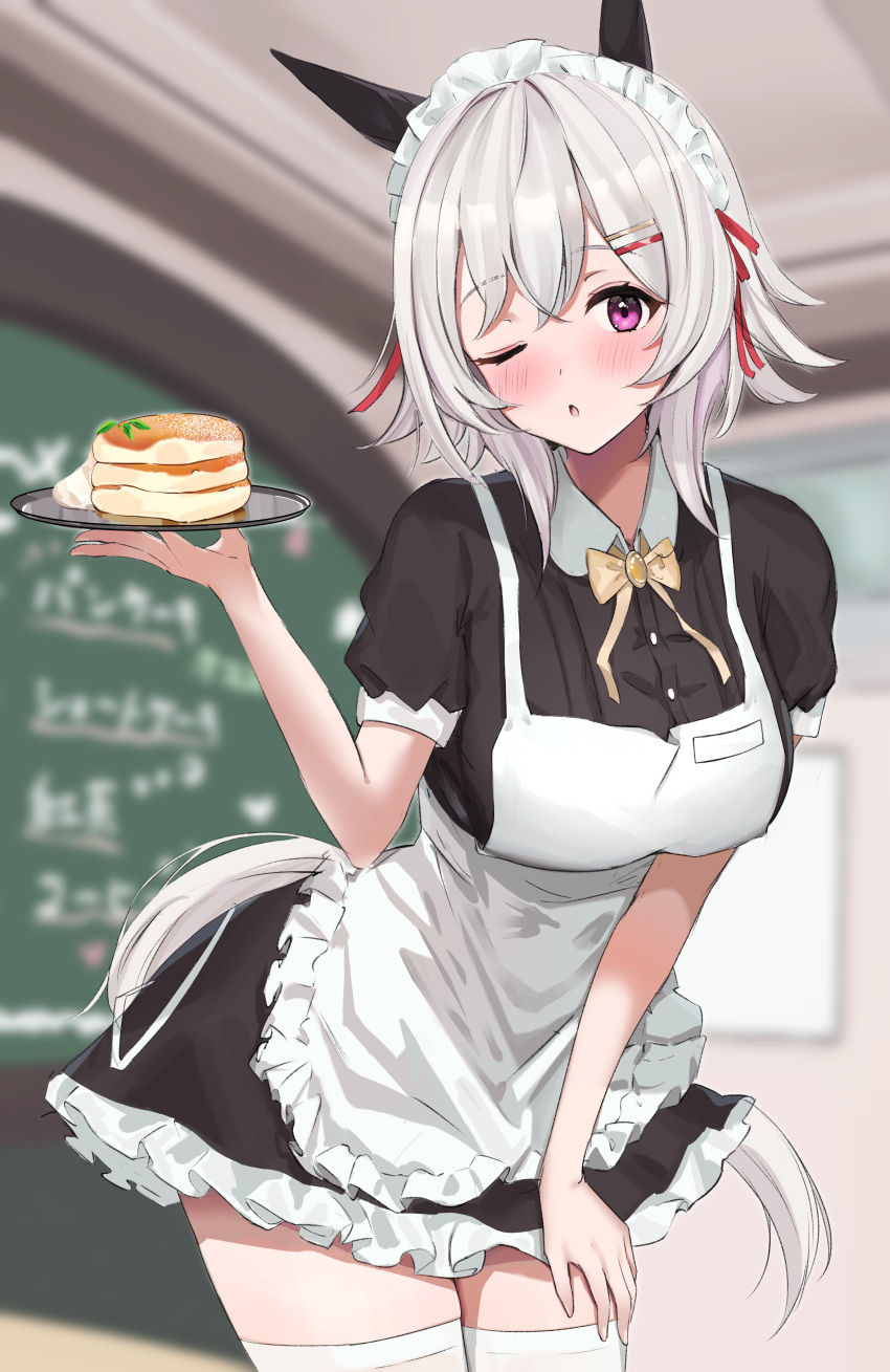 absurdres, alternate_costume, blurry, blurry_background, breasts, commentary_request, curren_chan_(umamusume), enmaided