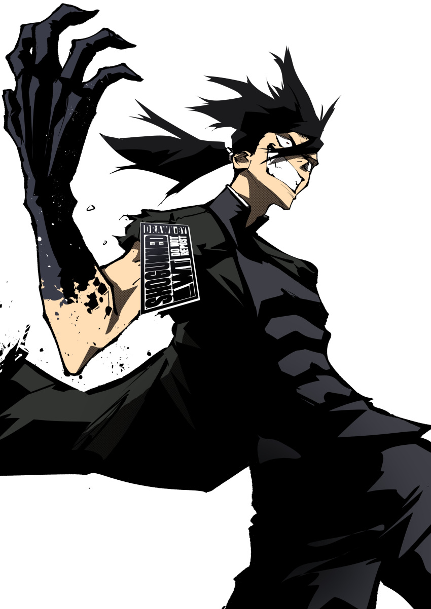 1boy, absurdres, claws, crazy_eyes, fullmetal_alchemist, greed_(fma), grey_background, hair_between_eyes, highres, ling_yao, male_focus, ponytail, rdkshinku, simple_background, smile, solo, teeth, torn, torn_clothes, watermark, wide-eyed