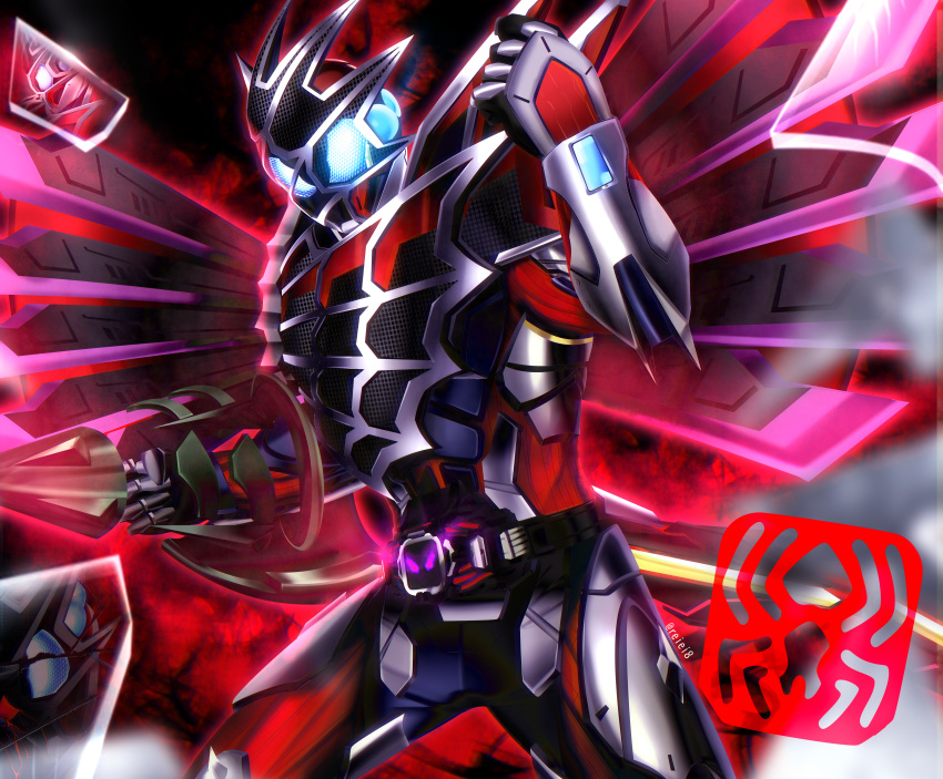 1boy, absurdres, armor, asymmetrical_armor, condor, condor_genome, dark_foreground, drill, drill_hand, fighting_stance, finishing_move, glowing, highres, kamen_rider, kamen_rider_demons, kamen_rider_revice, male_focus, mogura_genome, outstretched_arms, pose, purple_wings, reiei_8, silk, spider_web, spider_web_print, spread_arms, stamp_mark, tokusatsu, vistamp, wings