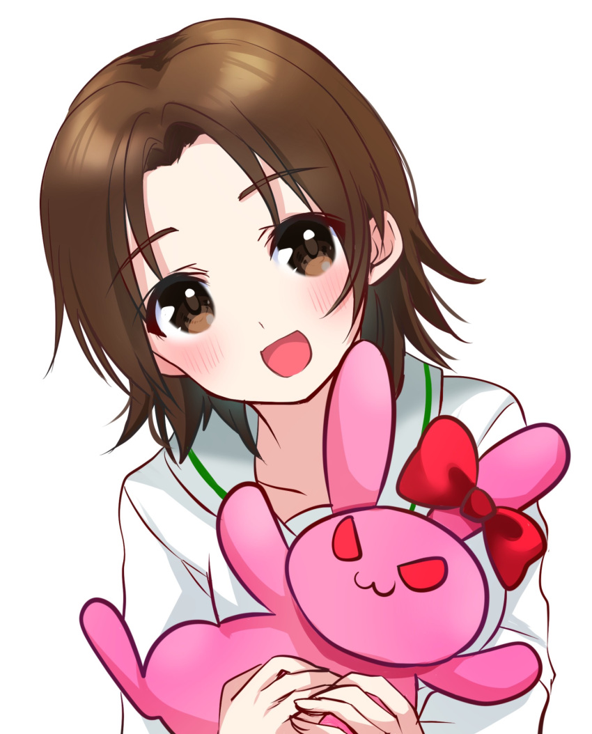 1girl, airi_(akamichiaika), bangs, blouse, brown_eyes, brown_hair, commentary, girls_und_panzer