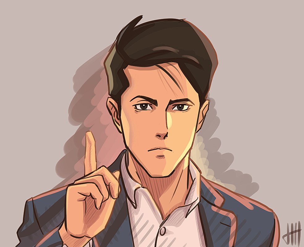1boy, black_eyes, black_hair, chubbyemu, closed_mouth, collared_shirt, comb_over, grey_background