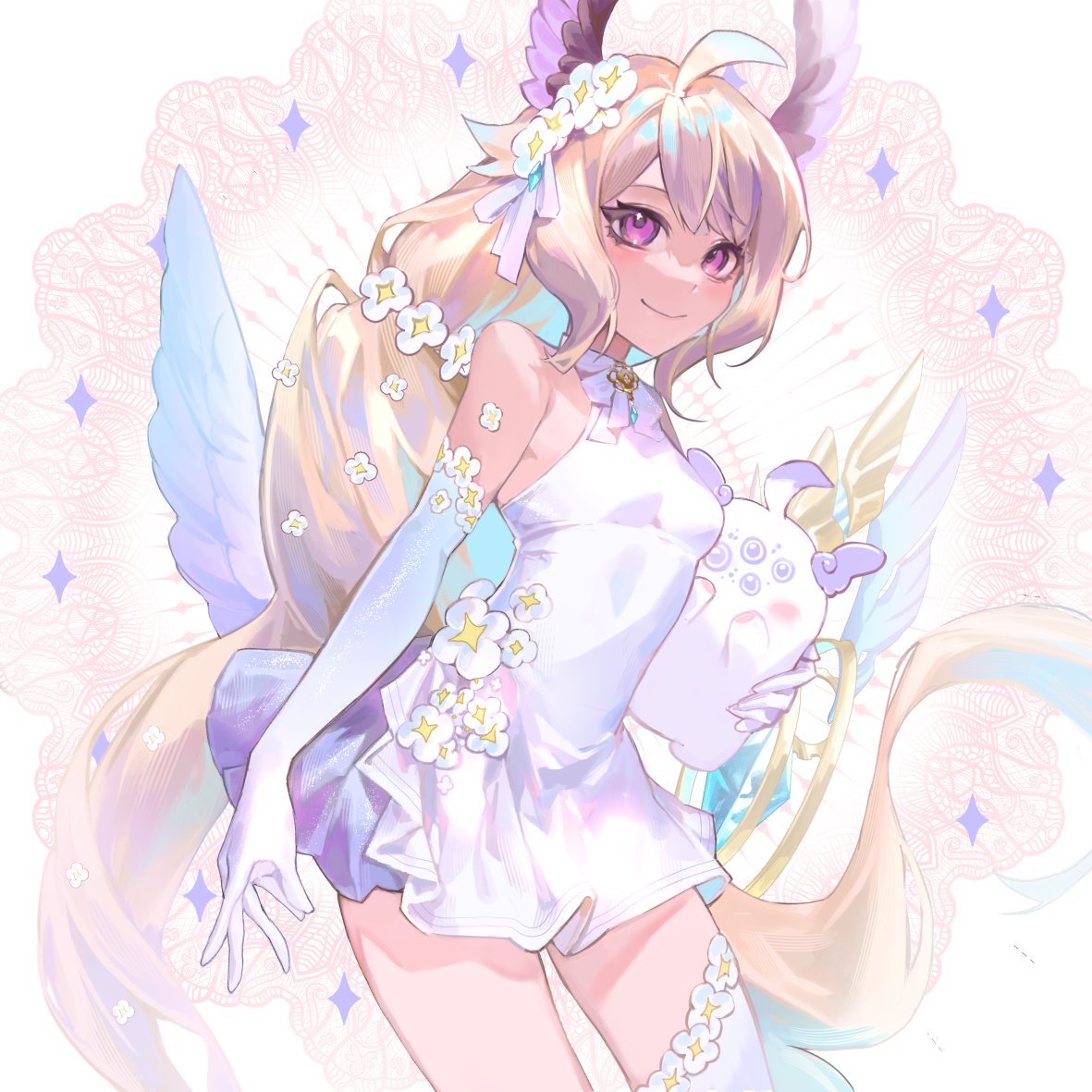 1girl, 1other, absurdly_long_hair, ahoge, aloupeep_(enna_alouette), bangs, bird_girl, blue_hair, blush, breasts, closed_mouth, detached_sleeves, dress, elbow_gloves, enna_alouette, flower, gear_(gear_990), gloves, hair_flower, hair_ornament, head_wings, long_hair, looking_at_viewer, low_twintails, mechanical_wings, multicolored_hair, multiple_wings, nijisanji, nijisanji_en, patterned_background, single_thighhigh, skindentation, small_breasts, smile, thigh-highs, thighs, twintails, very_long_hair, violet_eyes, virtual_youtuber, white_background, white_dress, white_flower, white_legwear, wings, zettai_ryouiki