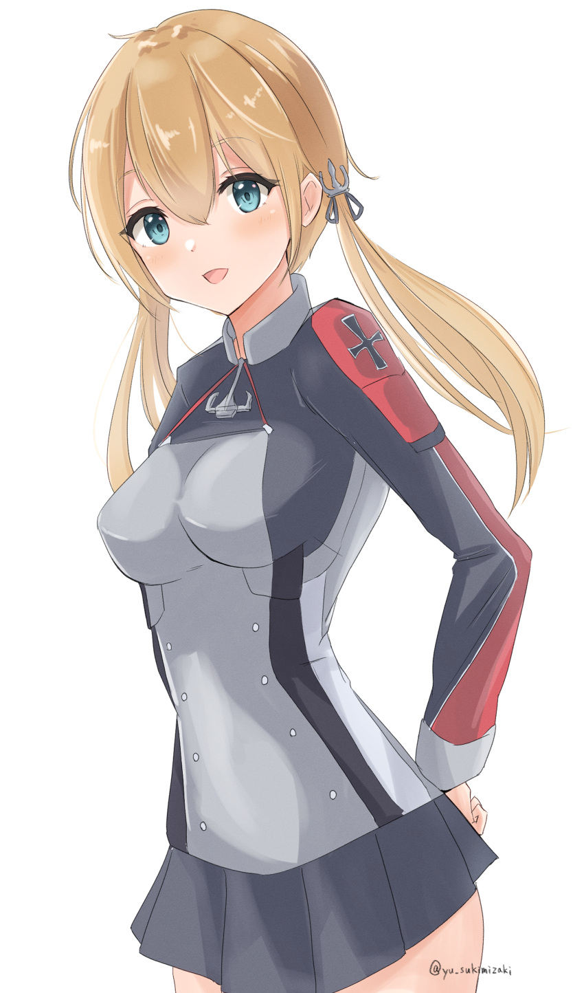 1girl, absurdres, aqua_eyes, black_skirt, blonde_hair, blush, breasts, cowboy_shot