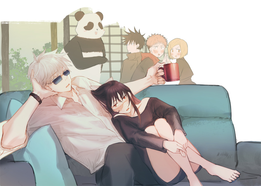 2girls, 3boys, alternate_costume, animal, black_hair, blue_eyes, blush, coffee_mug