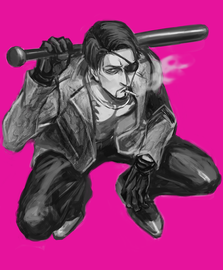1boy, aomi_nekosuki, baseball_bat, bat, black_footwear, black_hair, chain, chain_necklace