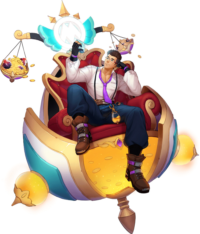 1boy, artist_request, belt, black_hair, blue_eyes, boots, chair, closed_mouth