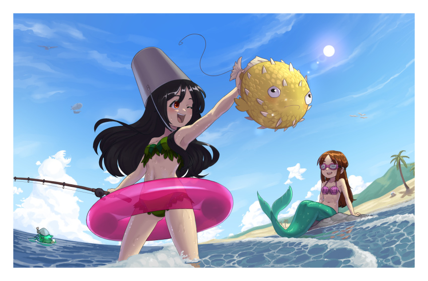 2girls, ;d, absurdres, aircraft, airship, animal, beach, bikini