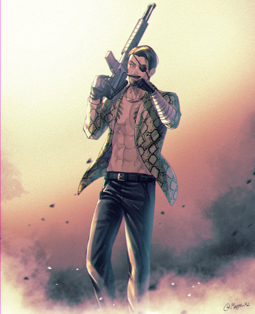 1boy, apocalypse, bandaged_arm, bandages, black_hair, black_pants, chain, chain_necklace