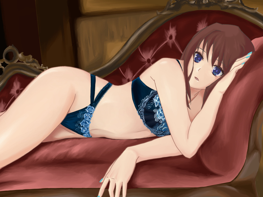 1girl, ai_deha_nai, aozaki_aoko, bangs, bare_shoulders, blue_bra, blue_eyes, blue_panties, bra, breasts, brown_hair, collarbone, couch, eyebrows_visible_through_hair, hair_between_eyes, hair_intakes, highres, large_breasts, lingerie, long_hair, mahou_tsukai_no_yoru, midriff, navel, open_mouth, panties, solo, underwear, underwear_only