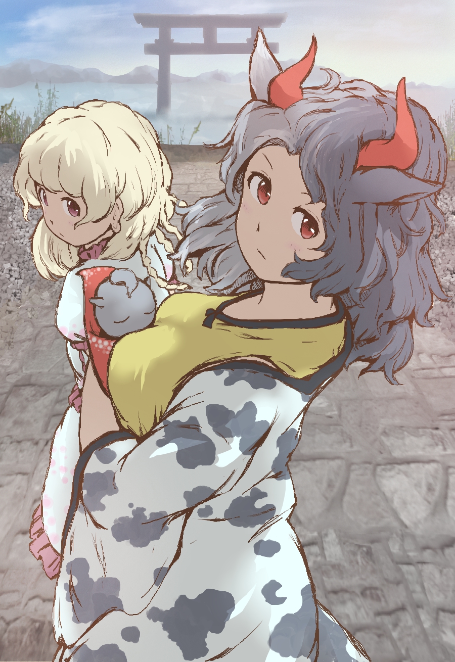2girls, animal_ears, brown_eyes, carrying, clouds, cow_ears, ebisu_eika, from_side
