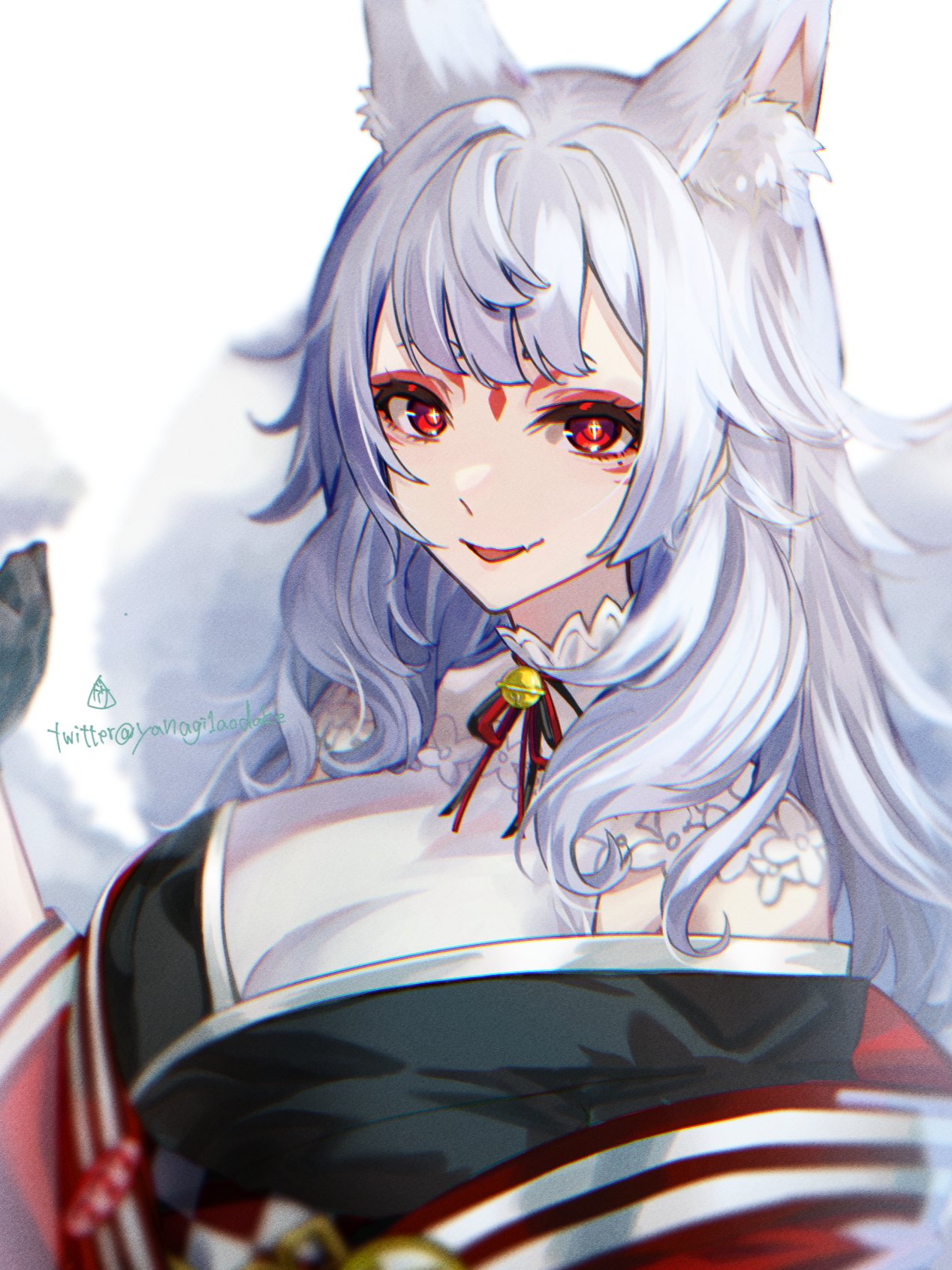 1girl, animal_ears, bell, black_gloves, black_kimono, black_ribbon, breasts, checkered_obi, checkered_sash, extra_ears, eyeshadow, facial_mark, forehead_mark, fox_ears, fox_girl, fox_tail, gloves, grey_hair, halter_top, halterneck, highres, japanese_clothes, jingle_bell, kimono, large_breasts, looking_at_viewer, makeup, mature_female, medium_hair, mole, mole_under_eye, multiple_tails, neck_ribbon, nijisanji, nijisanji_en, nina_kosaka, off_shoulder, red_eyeliner, red_eyes, red_eyeshadow, red_ribbon, ribbon, short_eyebrows, smile, solo, tail, twitter_username, upper_body, virtual_youtuber, white_background, yanagi_(yanagi1aodake)