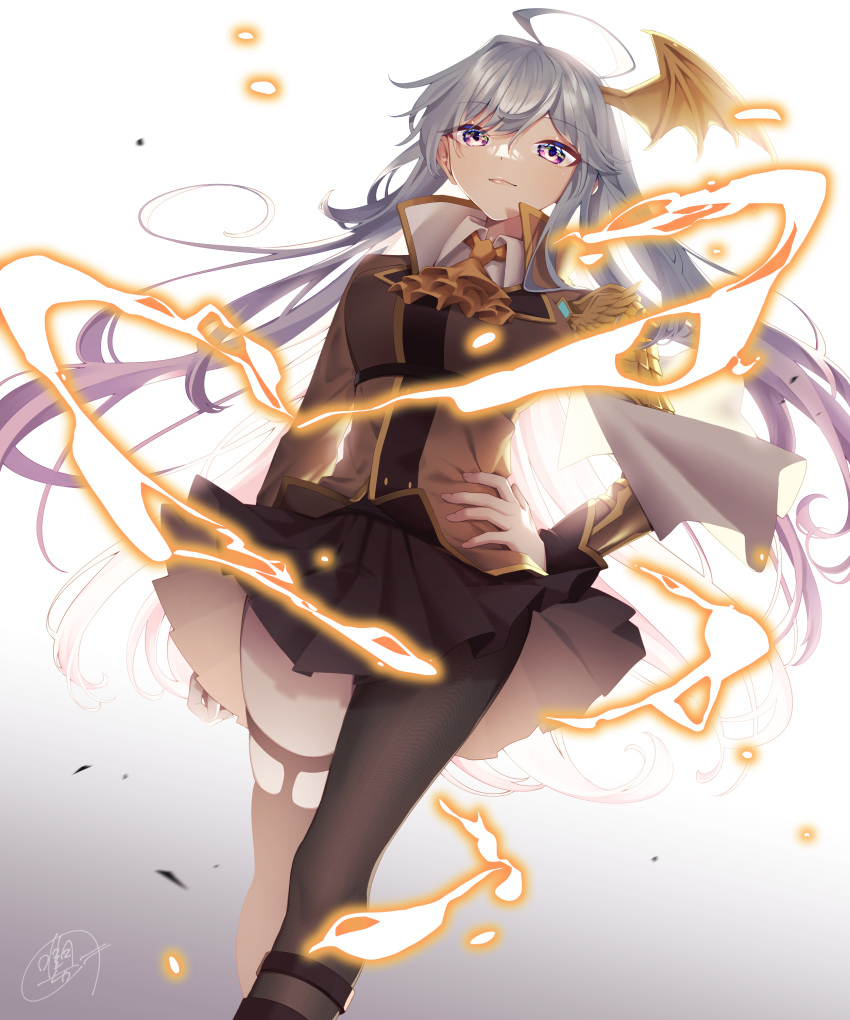 1girl, absurdres, asymmetrical_legwear, belt, blue_hair, brown_skirt, collar, commission