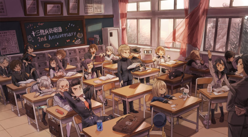 6+boys, 6+girls, amiguchi_shuu, anniversary, arm_at_side, arm_up, arms_behind_back, arms_behind_head