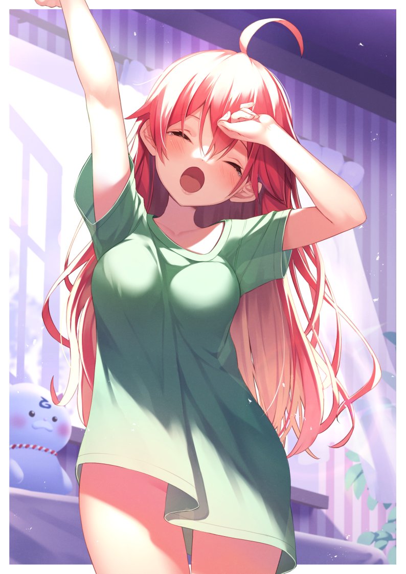 1girl, 35p_(sakura_miko), :o, ahoge, arms_up, backlighting, bangs, border, breasts, closed_eyes, curtains, day, green_shirt, green_t-shirt, gyuunyuu_bin, hololive, large_breasts, long_hair, no_pants, open_mouth, open_window, pink_hair, sakura_miko, shirt, solo, stretch, symbol-only_commentary, t-shirt, virtual_youtuber, wavy_hair, white_border, window, yawning