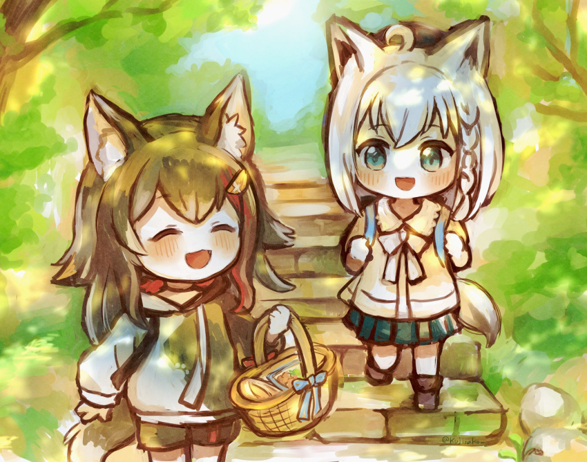 2girls, ahoge, animal_ear_fluff, animal_ears, backpack, bag, bangs, black_hair
