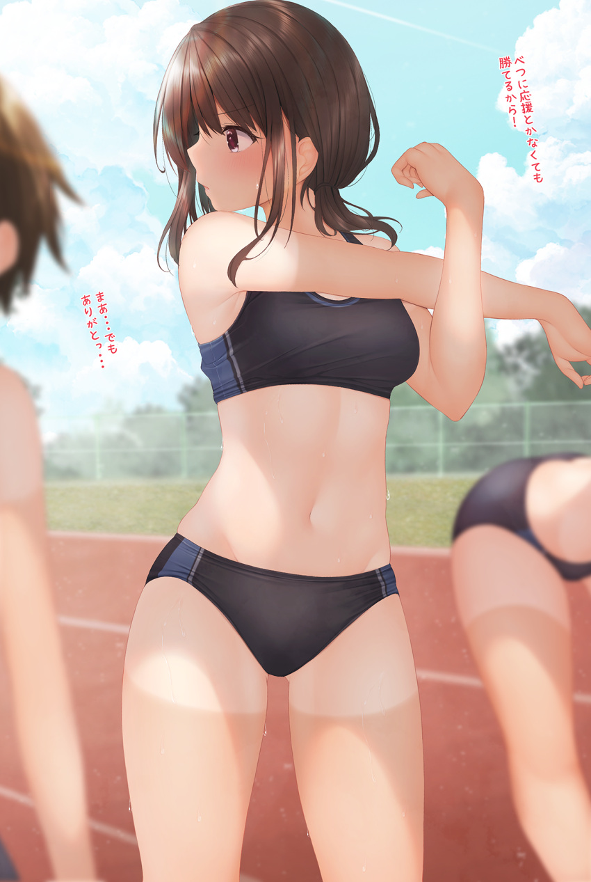 3girls, ass_visible_through_thighs, bent_over, black_buruma, black_sports_bra, breasts, brown_eyes, brown_hair