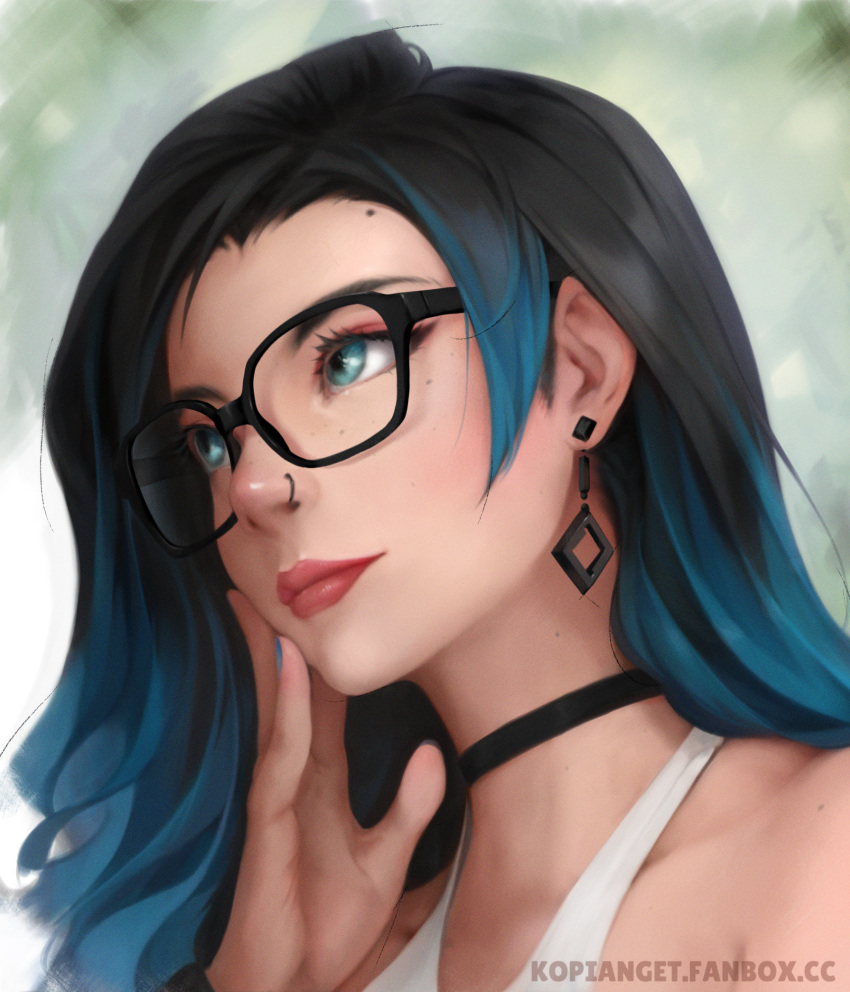 1girl, aqua_eyes, artist_name, bare_shoulders, black_choker, black_hair, blue_hair, blue_nails