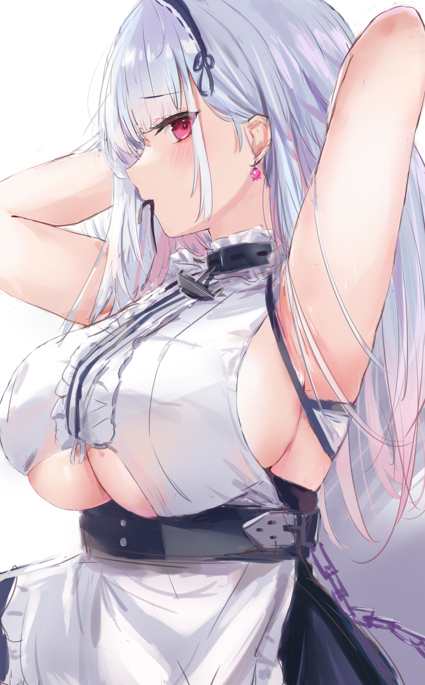 1girl, absurdres, anchor_necklace, armpits, arms_behind_head, azur_lane, bangs, black_hairband, blush, breasts, dido_(azur_lane), earrings, eyebrows_visible_through_hair, hairband, highres, jewelry, large_breasts, looking_at_viewer, lshiki, mouth_hold, presenting_armpit, red_eyes, sleeveless, solo, under_boob, upper_body