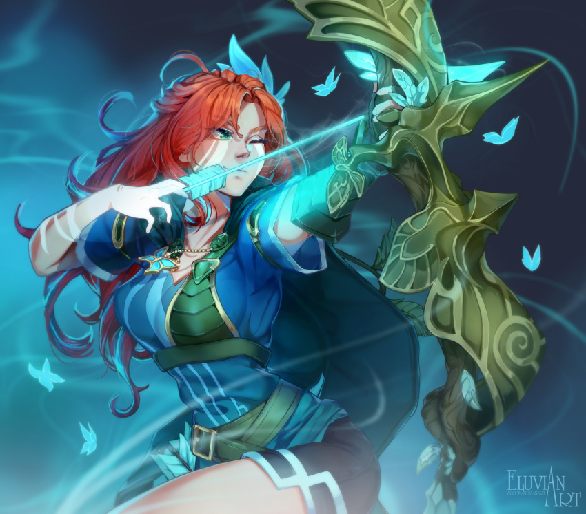 1girl, aiming, arrow_(projectile), artist_name, belt, black_shorts, bow_(weapon), bug, butterfly, cape, closed_mouth, dota_(series), dota_2, eluvianart, facepaint, green_background, green_butterfly, green_cape, green_eyes, green_shirt, hair_ornament, highres, holding, holding_arrow, holding_bow_(weapon), holding_weapon, long_hair, one_eye_closed, orange_hair, shirt, short_sleeves, shorts, smile, solo, weapon, windranger_(dota)