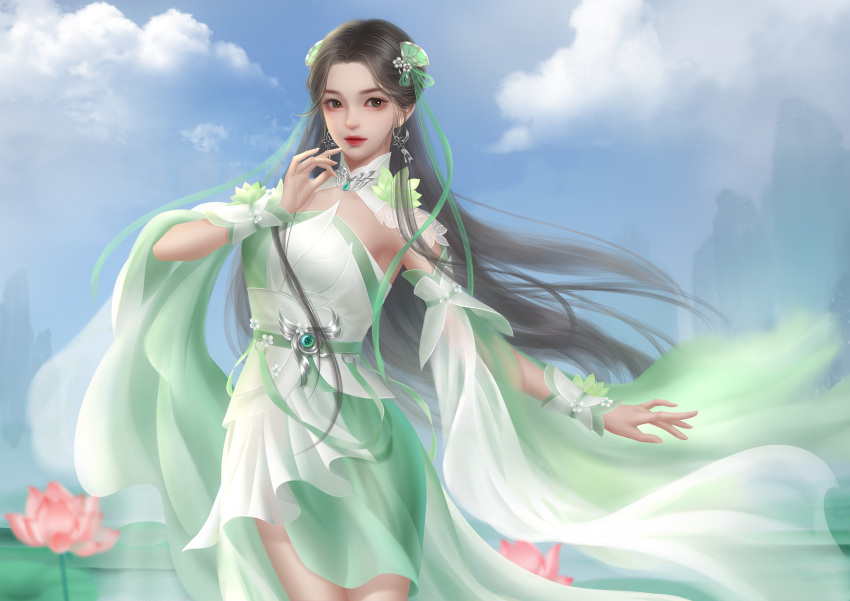 1girl, absurdres, baiguio_(zhu_xian), blue_sky, brown_hair, clouds, dress, expressionless