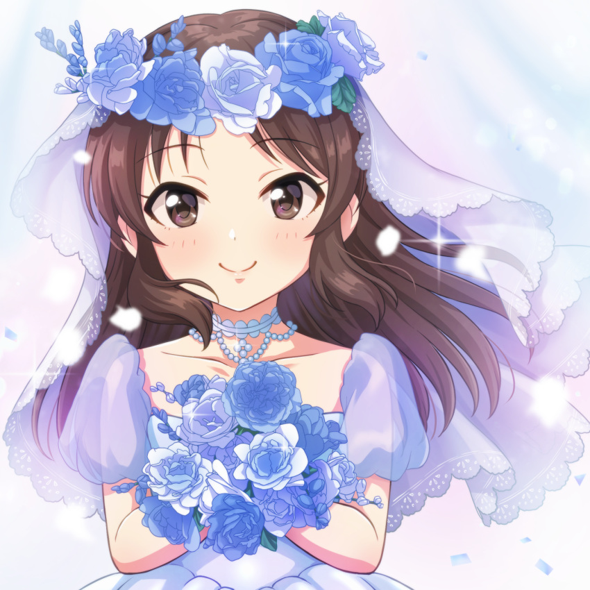 1girl, blush, bouquet, brown_eyes, brown_hair, closed_mouth, collarbone, commentary_request