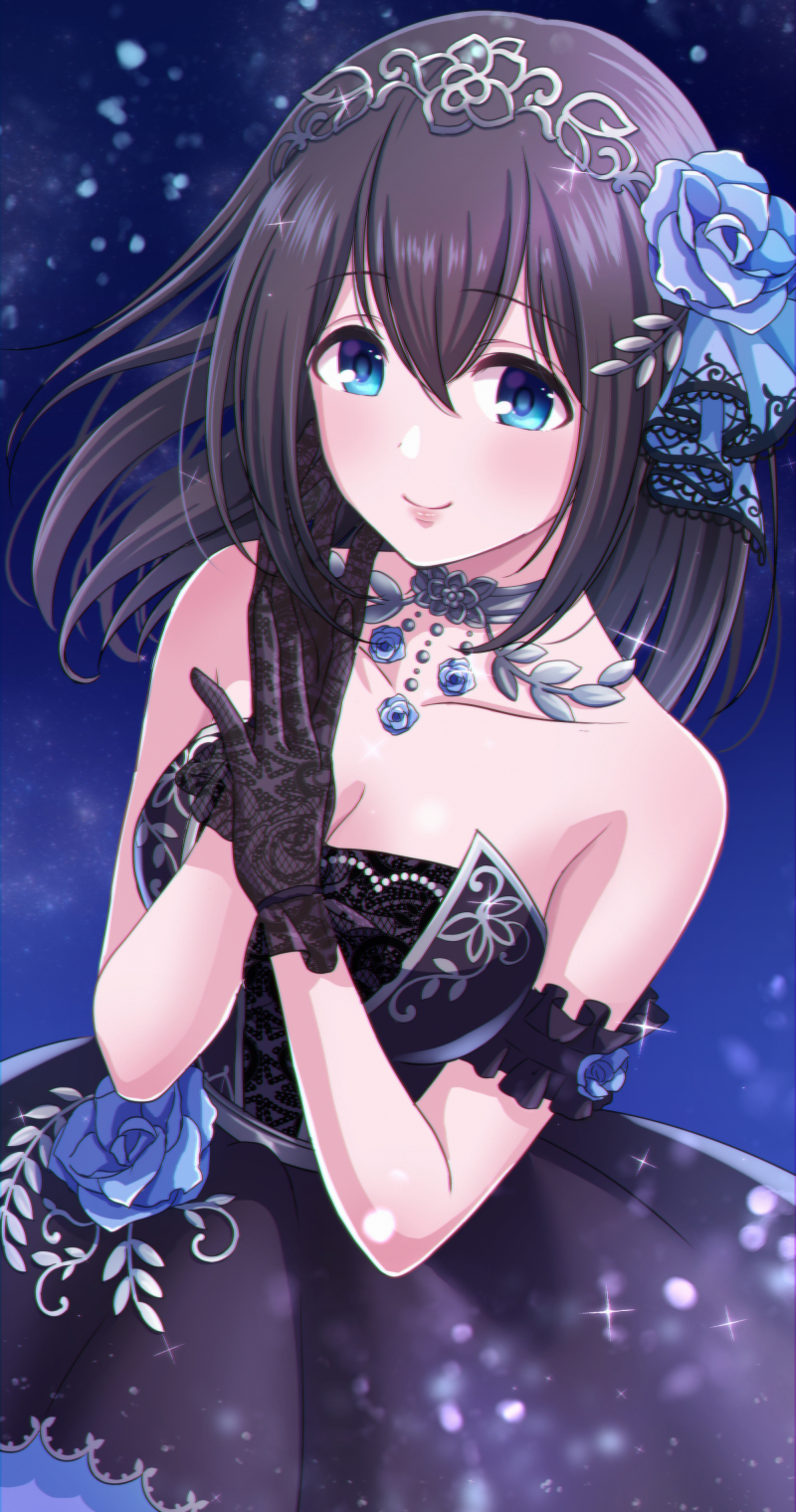 1girl, black_dress, black_gloves, black_hair, blue_eyes, blue_flower, blue_rose, breasts