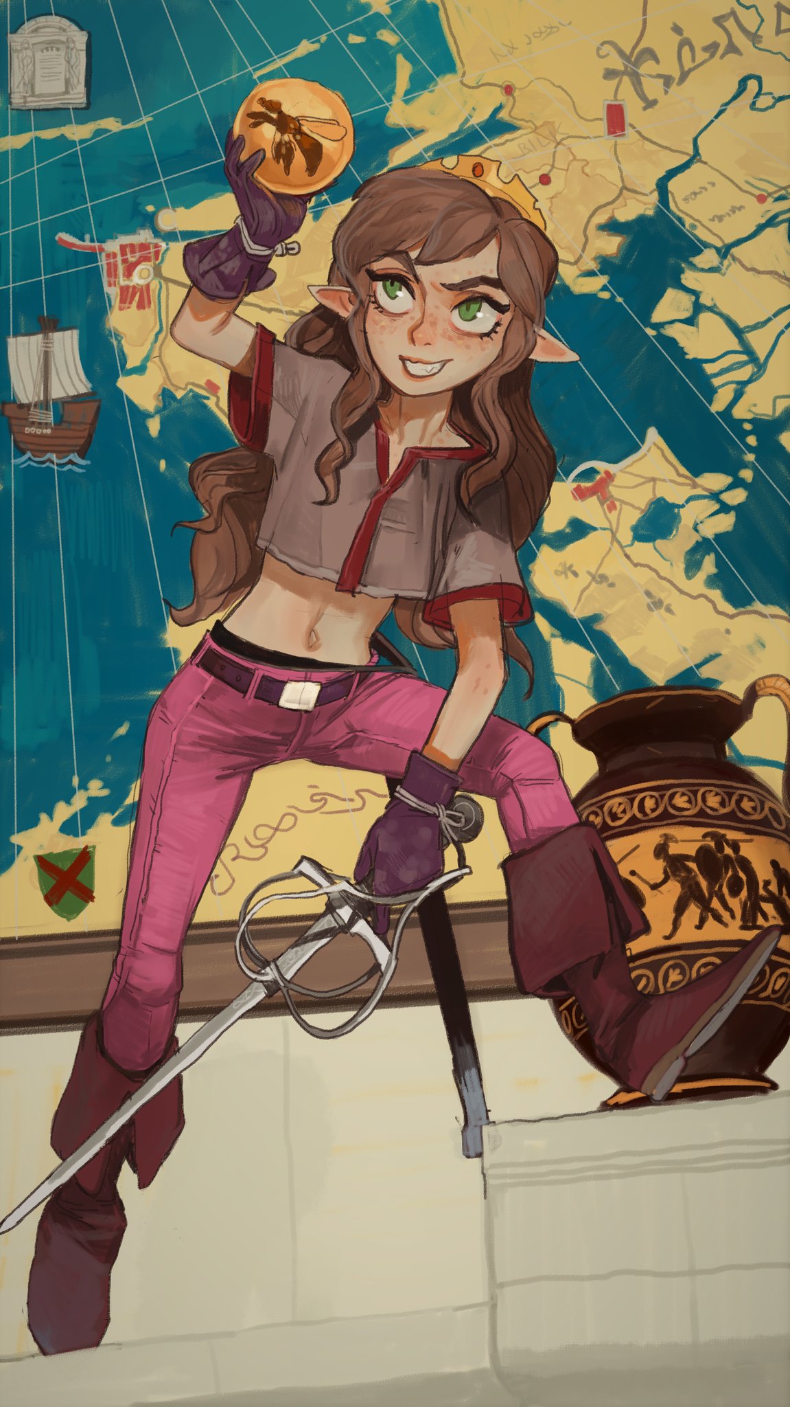 1girl, amber_(gemstone), borrowed_character, brown_footwear, brown_hair, cropped_shirt, europe_map, fold-over_boots