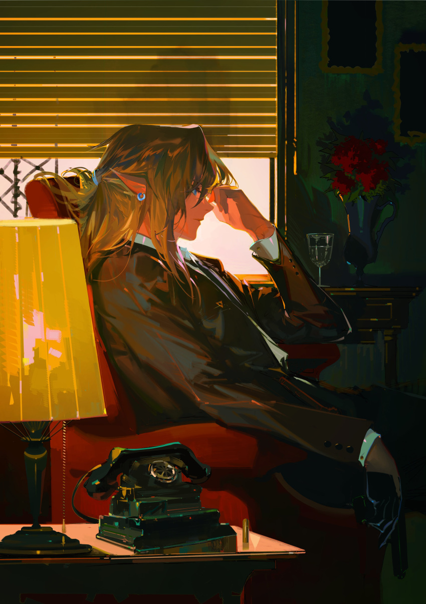 1boy, absurdres, alternate_costume, black_gloves, black_jacket, black_necktie, black_pants, blonde_hair