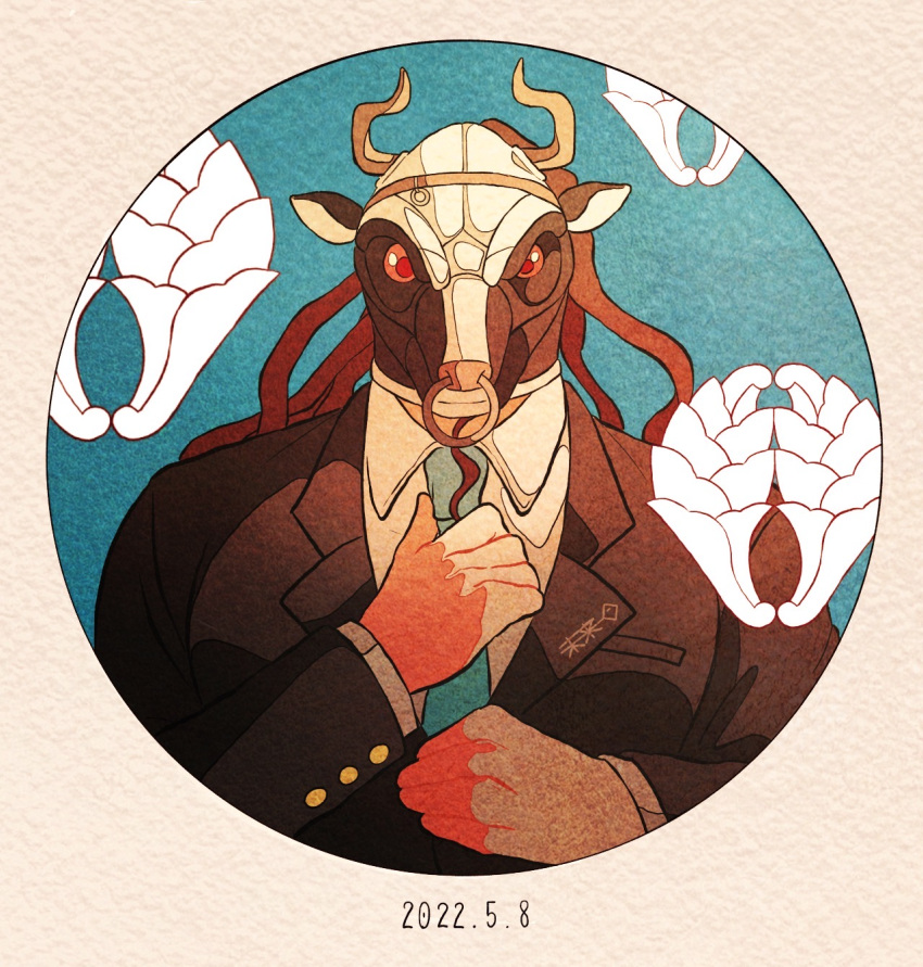 1boy, animal_ears, brown_jacket, collared_shirt, cow_ears, cow_mask, danganronpa_(series), danganronpa_3_(anime)