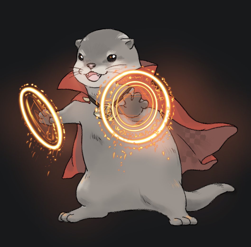 animal, animal_focus, black_background, black_eyes, cape, doctor_strange, doctor_strange_(series), full_body, jewelry, magic, magic_circle, marvel, mystical_high_collar, necklace, no_humans, open_mouth, otaku_pig, otter, red_cape, simple_background, solo