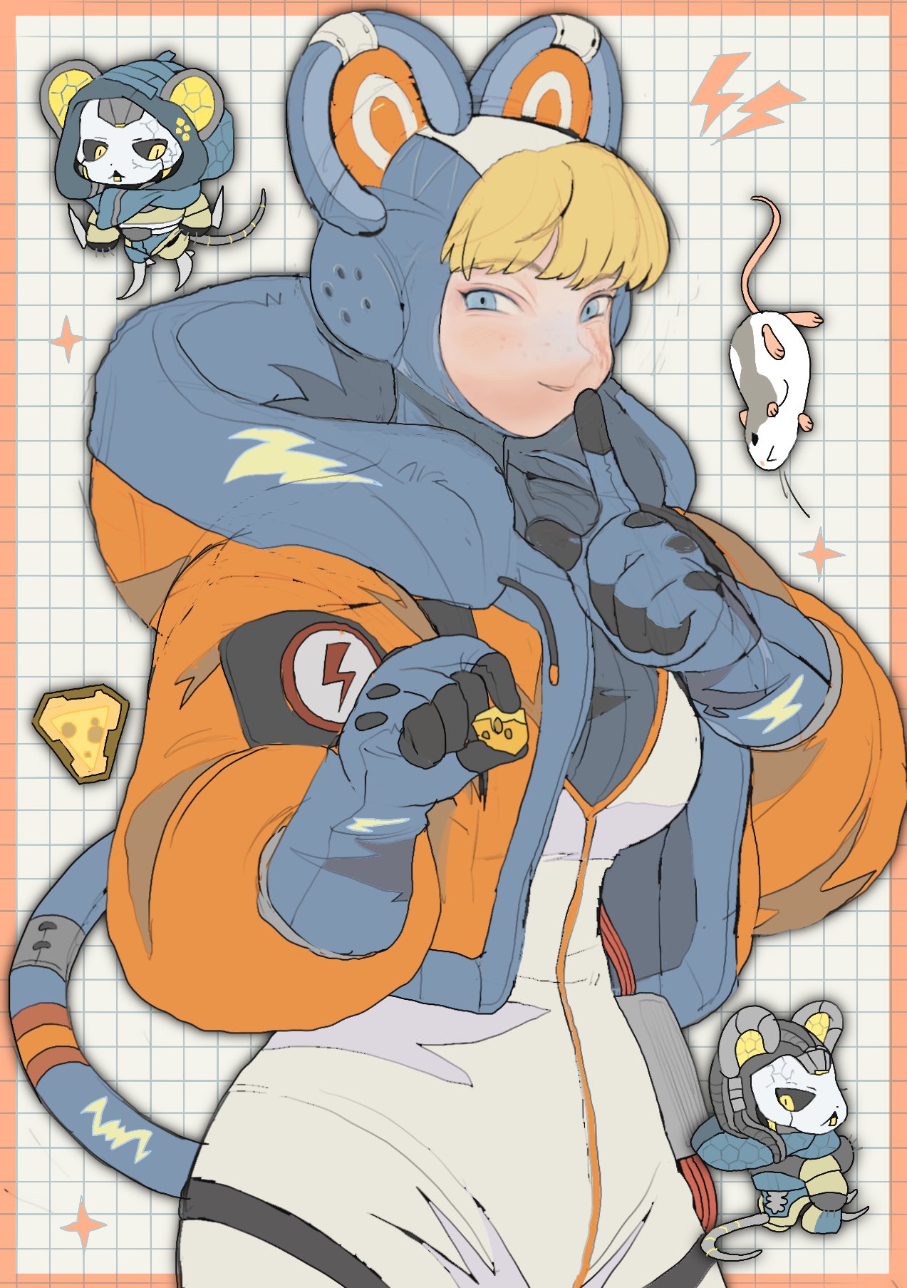 1girl, animal_ears, apex_legends, ash_(titanfall_2), bangs, blonde_hair, blue_eyes, blue_gloves