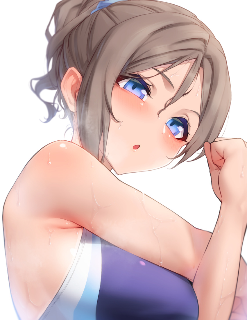 1girl, :o, absurdres, alternate_hairstyle, armpit_crease, bare_arms, bare_shoulders, blue_eyes, blue_scrunchie, blush, breasts, brown_hair, clenched_hand, commentary_request, competition_swimsuit, cross-body_stretch, hair_between_eyes, hair_ornament, hair_scrunchie, hands_up, highres, large_breasts, looking_at_viewer, love_live!, love_live!_sunshine!!, nasuno_(nasuno42), one-piece_swimsuit, parted_lips, ponytail, purple_swimsuit, scrunchie, short_hair, short_ponytail, simple_background, solo, steaming_body, stretch, sweat, swimsuit, upper_body, watanabe_you, water_drop, wet, wet_hair, white_background