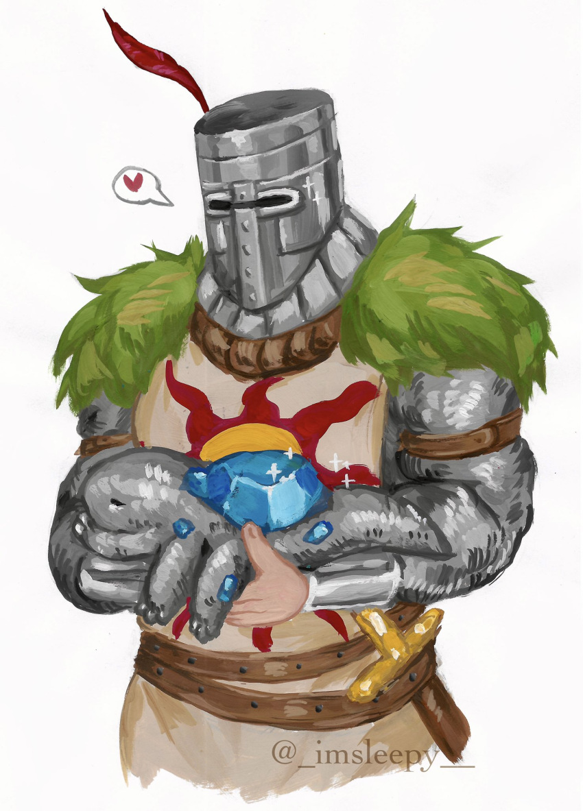 1boy, belt, brown_belt, creature, crystal_lizard, dark_souls_(series), dark_souls_i, heart, helmet, highres, holding, holding_creature, male_focus, plume, simple_background, sleepysolaire, solaire_of_astora, spoken_heart, sword, tabard, twitter_username, vambraces, weapon, white_background