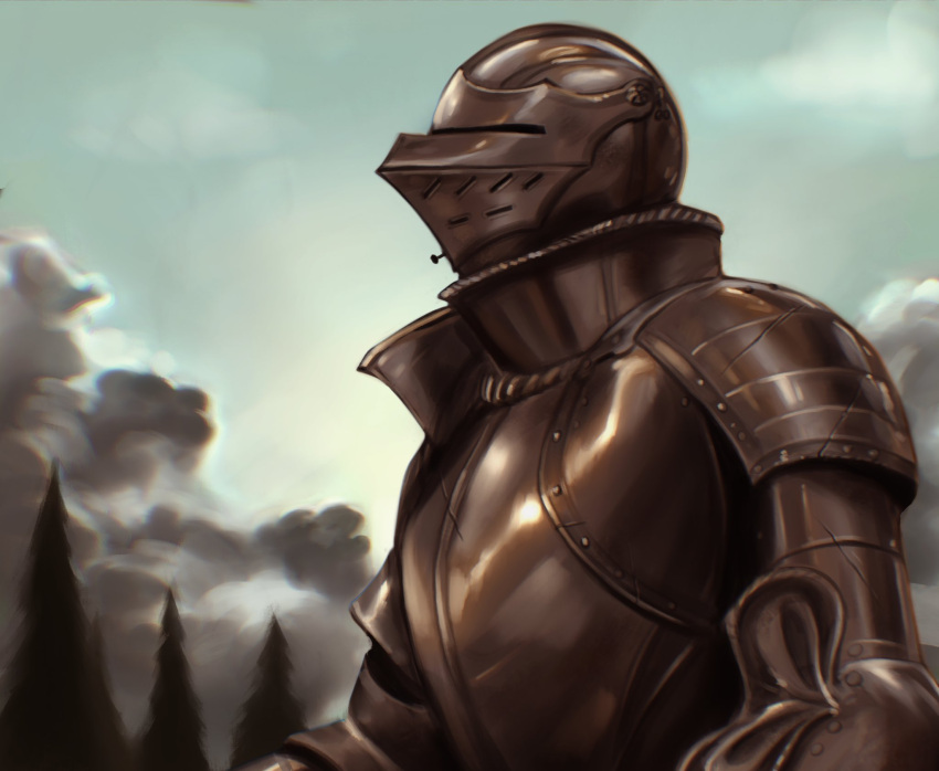 1other, armor, blue_sky, breastplate, day, from_side, helmet, highres
