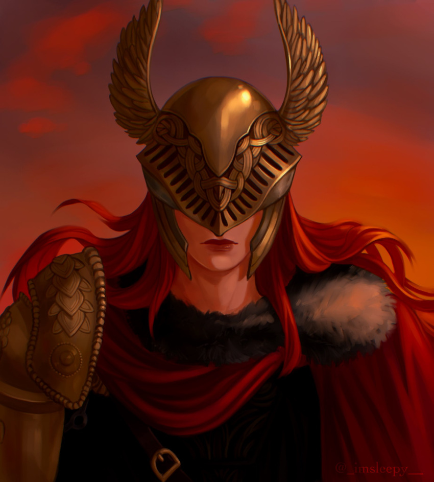 1girl, cape, closed_mouth, clouds, covered_eyes, elden_ring, facing_viewer, helmet