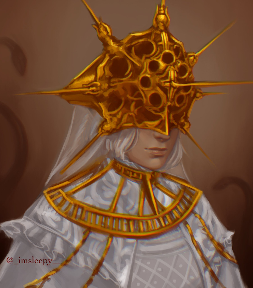 1boy, brown_background, closed_mouth, crown, dark_souls_(series), dark_souls_i, dress, headpiece