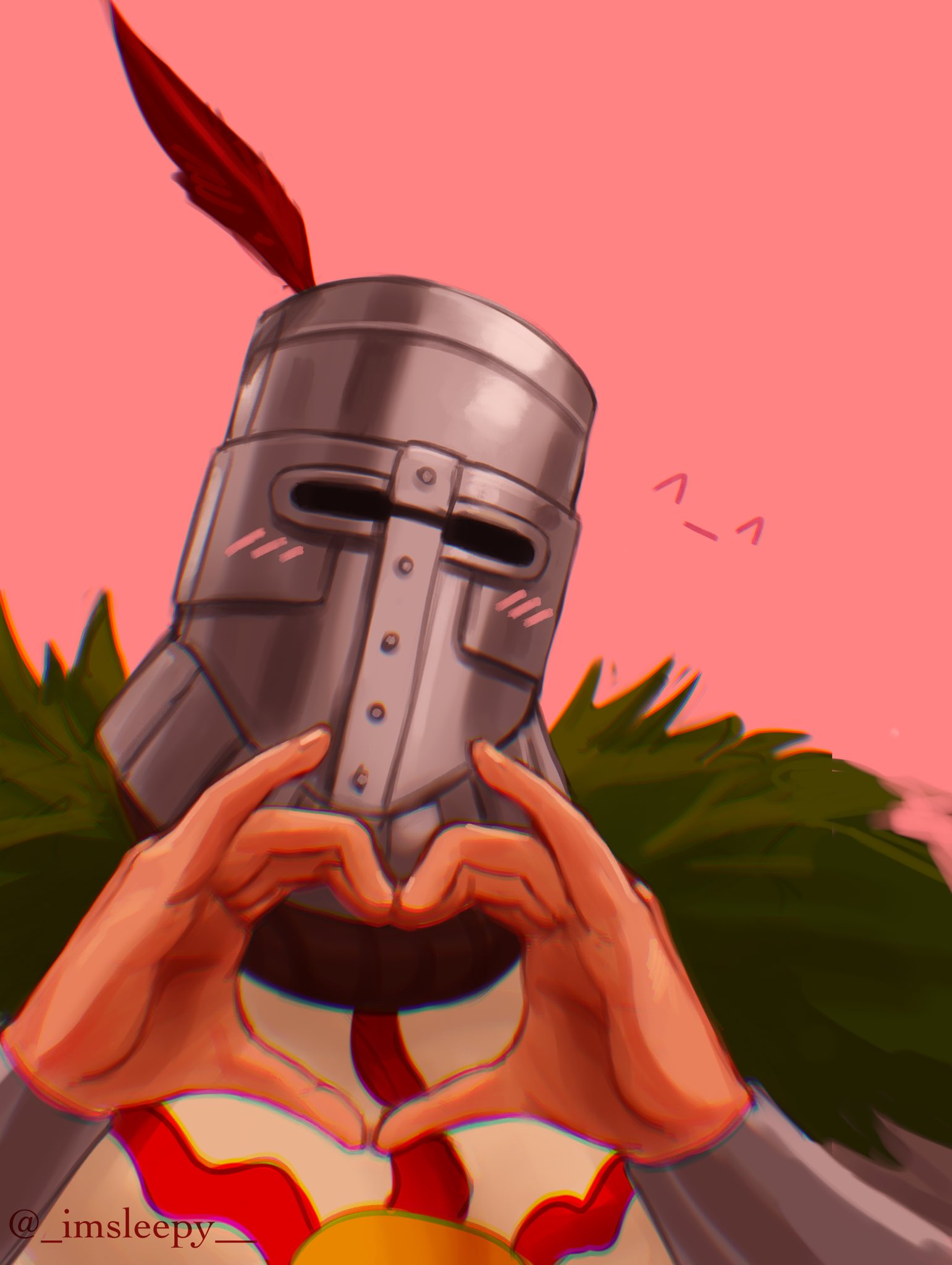 1boy, ^_^, blush_visible_through_clothes, cape, closed_eyes, dark_souls_(series), dark_souls_i, emoticon, fur_cape, hands_up, heart, heart_hands, helmet, highres, male_focus, pink_background, pinky_out, plume, simple_background, sleepysolaire, solaire_of_astora, solo, tabard, twitter_username, upper_body