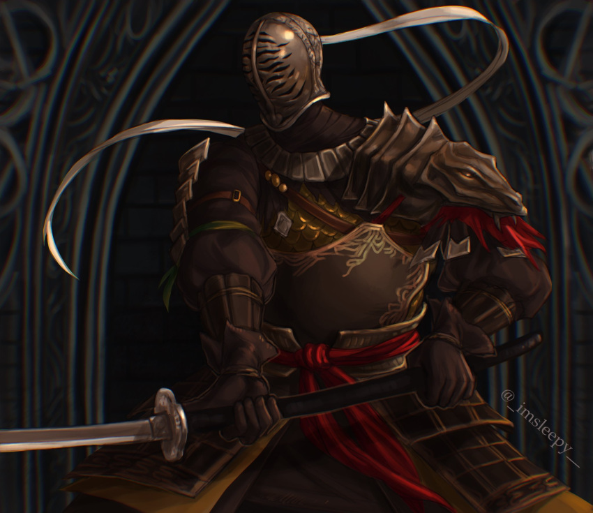 1boy, armor, brown_gloves, dark_souls_(series), dark_souls_i, fighting_stance, gloves, helmet