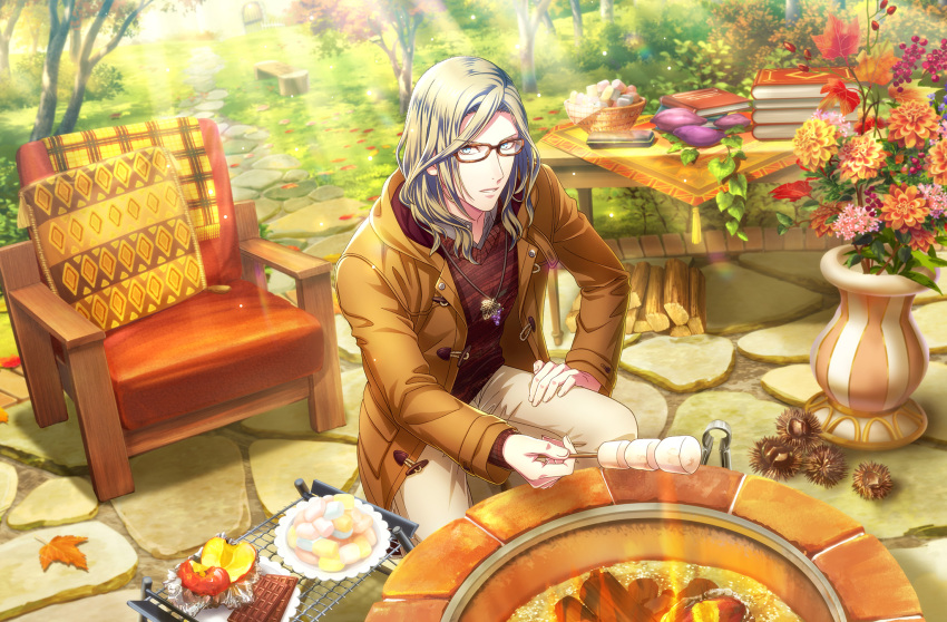 1boy, apple, autumn_leaves, bespectacled, blonde_hair, blue_eyes, book, book_stack