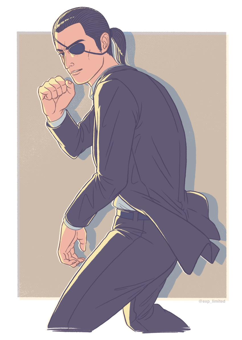 1boy, black_jacket, black_pants, commentary_request, cropped_legs, exp_(limited), eyepatch, fighting_stance, formal, highres, jacket, looking_at_viewer, majima_gorou, male_focus, pants, ponytail, ryuu_ga_gotoku, ryuu_ga_gotoku_0, shirt, white_shirt, younger