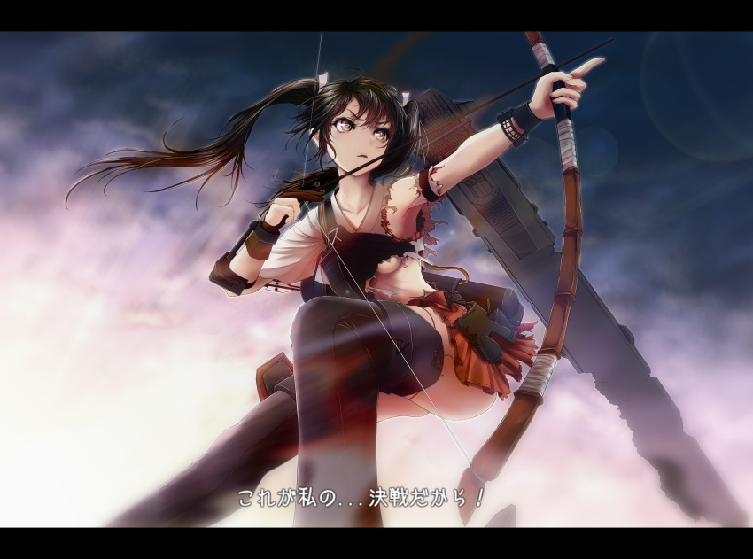 1girl, armor, boots, bow_(weapon), breastplate, breasts, eyebrows_visible_through_hair, green_eyes