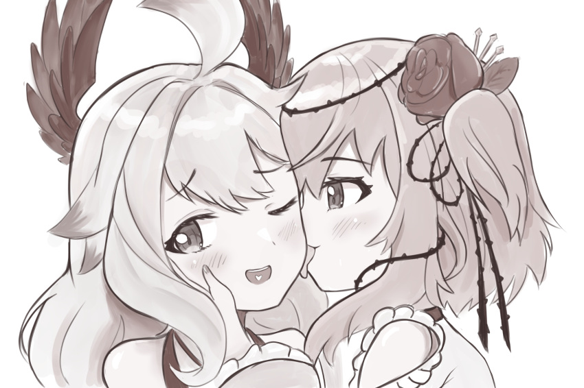 2girls, :d, ahoge, blush, brown_theme, enna_alouette, flower, hair_flower