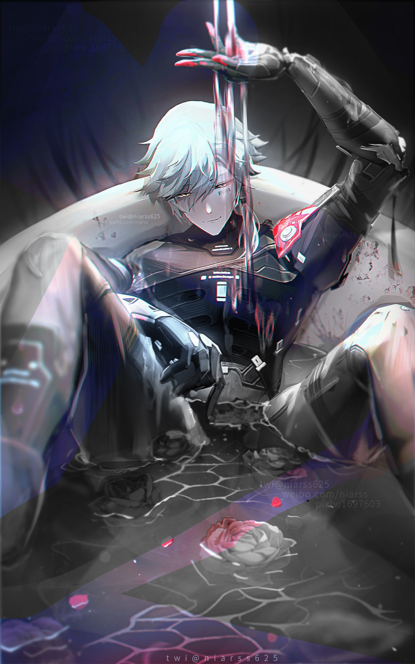 1boy, arm_armor, arm_on_thigh, bangs, barcode, barcode_tattoo, bathtub, blood