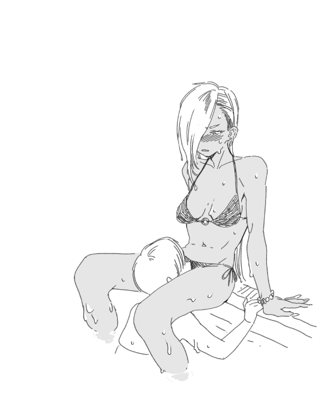 1boy, 1girl, arm_support, bikini, blush, bracelet, breasts, butakun