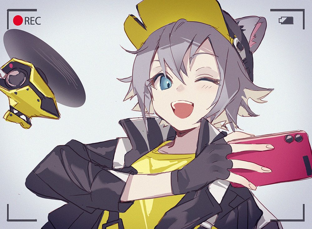 1girl, ;d, animal_ears, arknights, awa_iro, bangs, baseball_cap, battery_indicator, black_gloves, black_headwear, black_jacket, blue_eyes, blush, cellphone, click_(arknights), commentary, drone, fingerless_gloves, gloves, grey_hair, hat, holding, holding_phone, jacket, looking_at_viewer, mouse_ears, mouse_girl, one-hour_drawing_challenge, one_eye_closed, open_clothes, open_jacket, phone, recording, shirt, short_hair, smile, solo, teeth, two-tone_headwear, upper_teeth, viewfinder, yellow_headwear, yellow_shirt