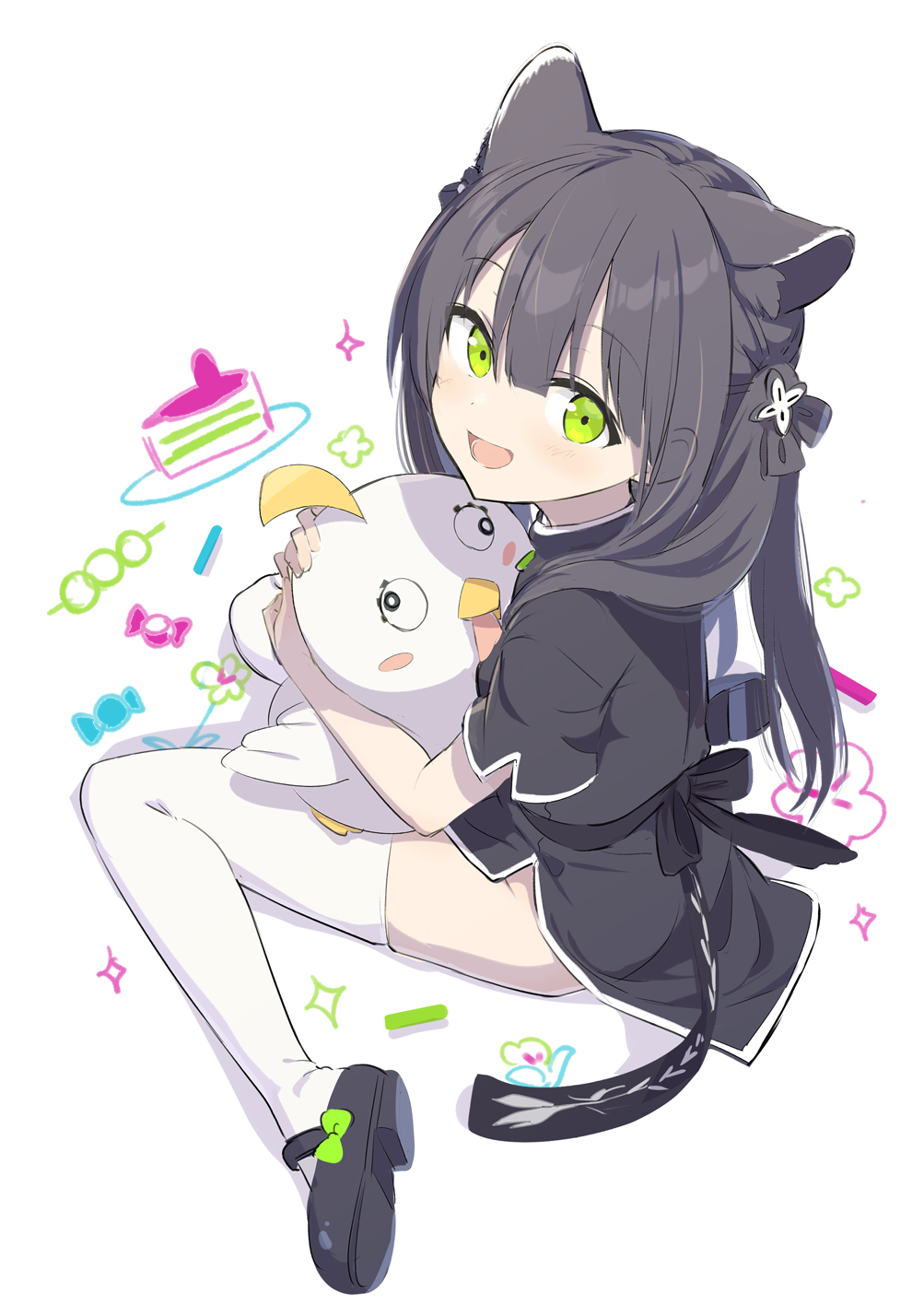 1girl, :d, animal_ear_fluff, bangs, black_dress, black_hair, blue_archive, blunt_bangs